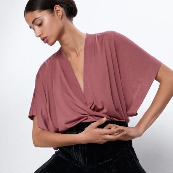 NEW ZARA Dusty Pink‎ Mauve Cape Sleeve Bodysuit Blouse Top Womens Size S - Picture 1 of 11